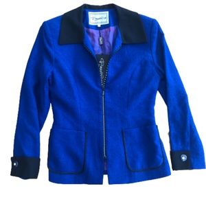 Vintage Bright Blue Blazer Jacket Unique Sparkly Zipper Gemstone Polyester Asian